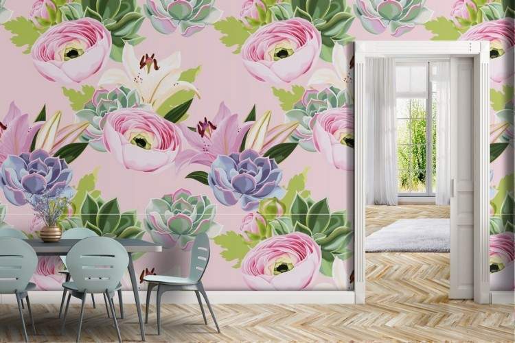 Refined pink flowers wallpaper nature pattern.