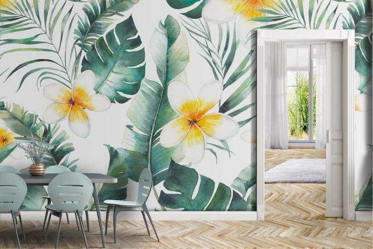 Tropical flowers and leaves wallpaper pattern.