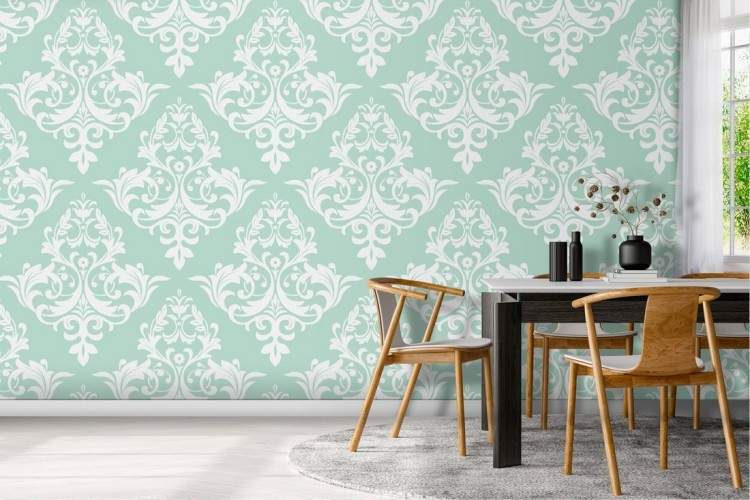 Turquoise damask wallpaper design pattern.