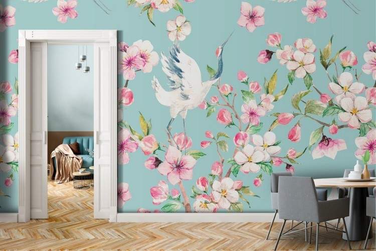 Pink flowers and geese nature vintage pattern wallpaper.