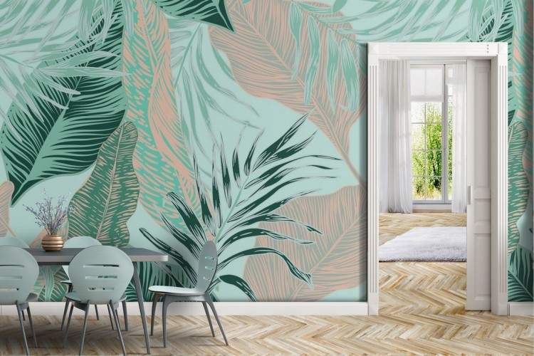 Tropical leaves modern nature pattern wallpaper.