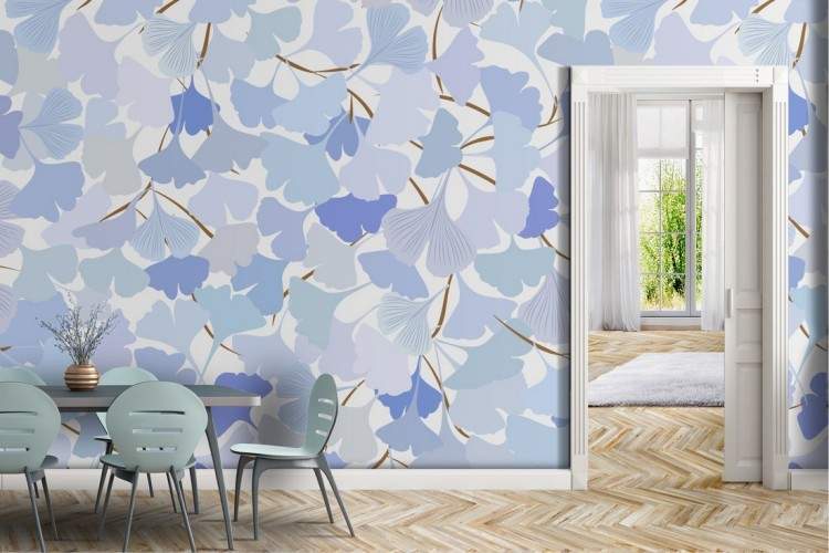 Wallpaper stylized leaves blue nature pattern.