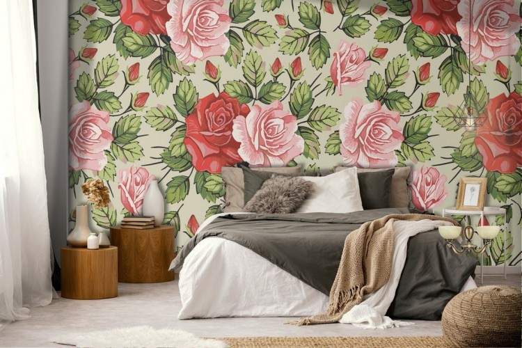 Red roses and pink vintage flowers wallpaper.