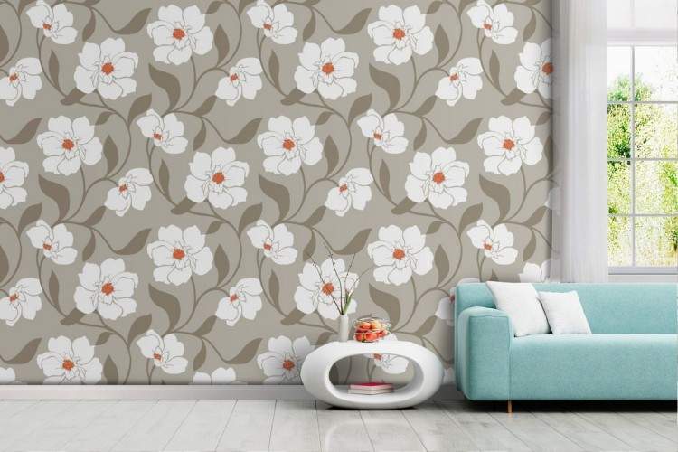 White flowers wallpaper, modern refined decoration.