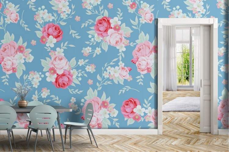 Pink flowers wallpaper with a blue background nature pattern.