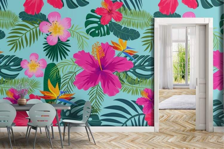 Modern pink wallpaper with tropical flowers and leaves.