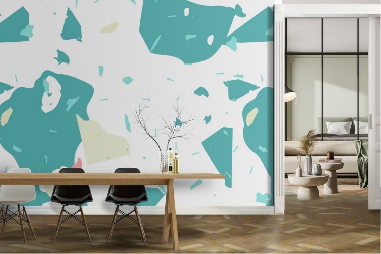 Wallpaper with white and turquoise marble surface.