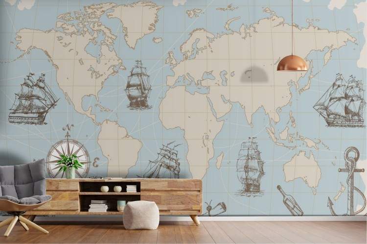 Wallpaper world map continents and ships