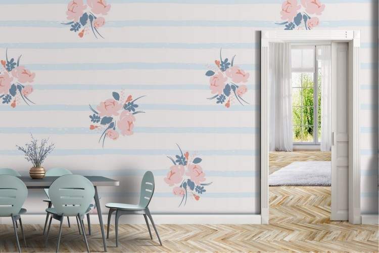 Pink flowers and refined stripes wallpaper, vintage pattern.