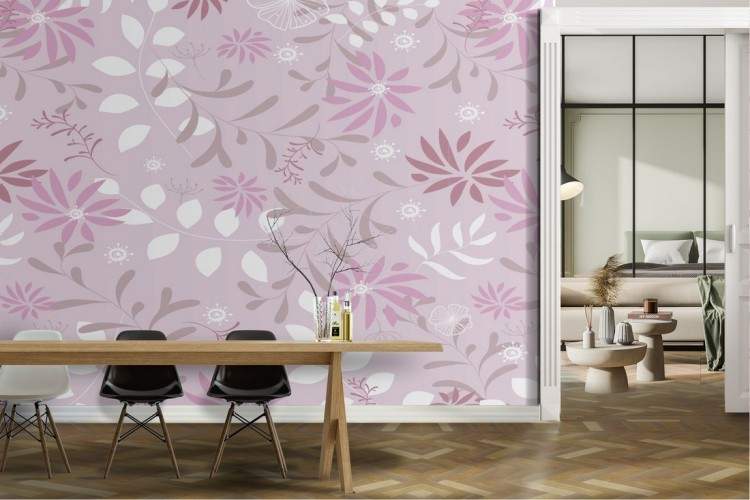 Wallpaper with stylised pink leaves modern pattern.