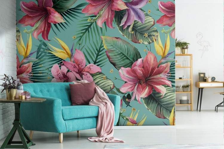 Pink flower wallpaper and modern nature tropical leaves.