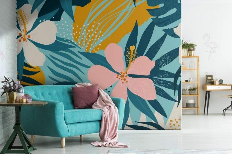 Wallpaper with stylized tropical flowers and leaves.