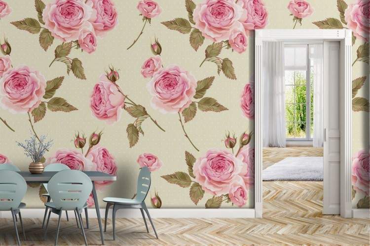 Vintage nature wallpaper with large pink flowers.