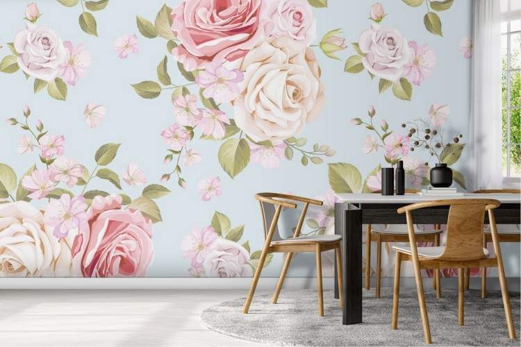 Vintage nature wallpaper with white and pink flowers.