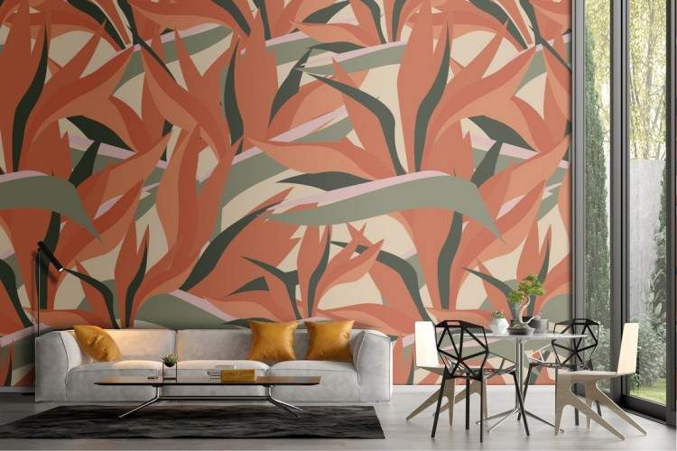 Wallpaper with stylized leaves, vintage nature design.