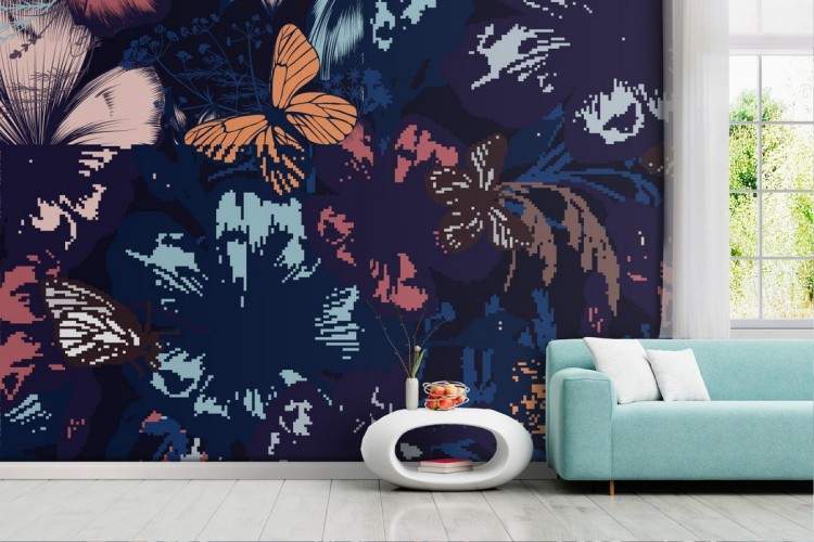 Wallpaper flowers and butterflies blue modern decoration.