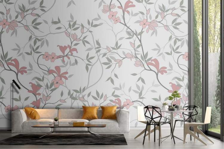 Wallpaper blooming branches nature pink pattern.