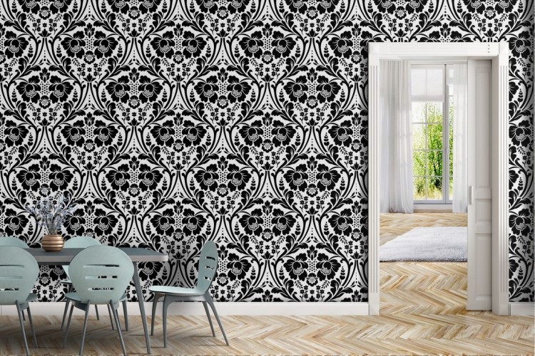 Damask wallpaper with vintage black flowers.