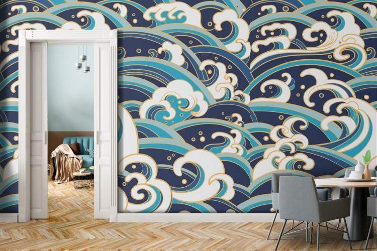 Wallpaper with marine waves nature oriental design.