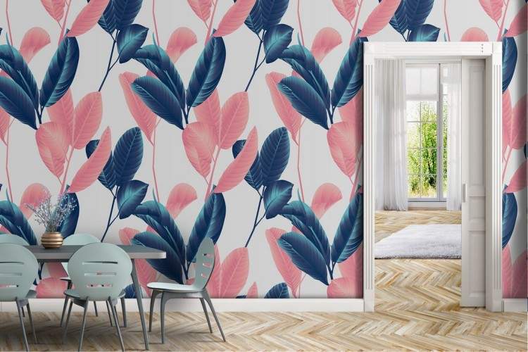 Modern nature wallpaper with stylized pink and blue leaves.