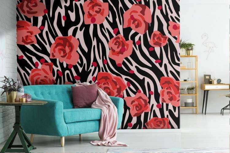 Red roses wallpaper with modern abstract zebra background.