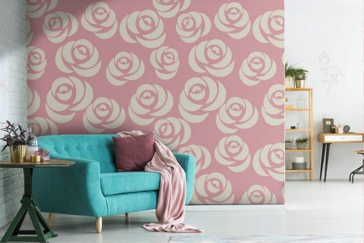 Modern nature wallpaper with stylized pink flowers.