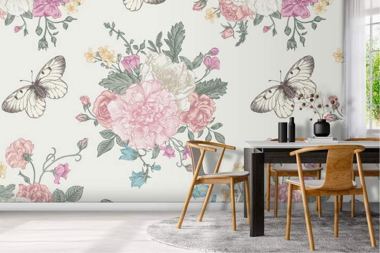 Vintage wallpaper with pink and white flowers.