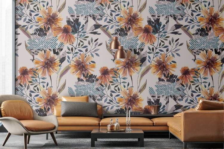 Orange and blue vintage floral wallpaper.