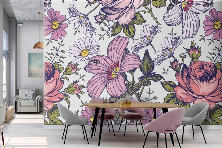 Vintage pink flowers wallpaper pattern nature.