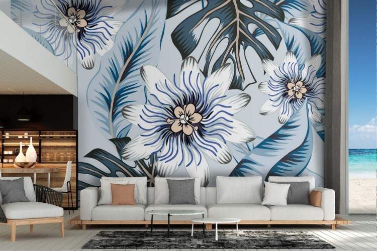 Wallpaper with modern blue tropical flowers and leaves design.