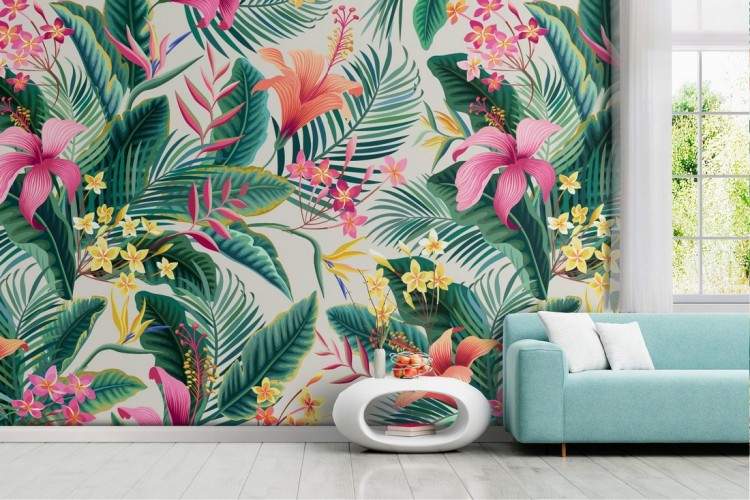 Pink flowers and tropical leaves wallpaper pattern.