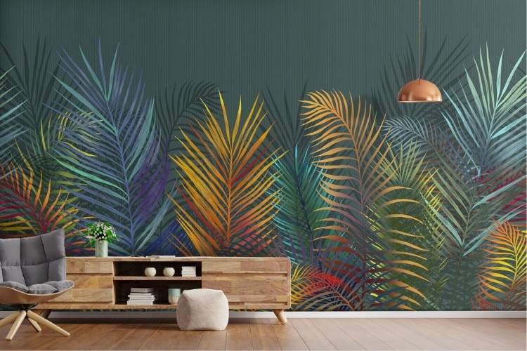 Wallpaper with concrete surface and abstract tropical plants