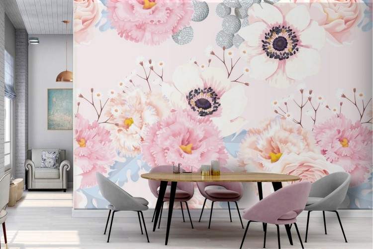 Vintage composition wallpaper with pink and white flowers.