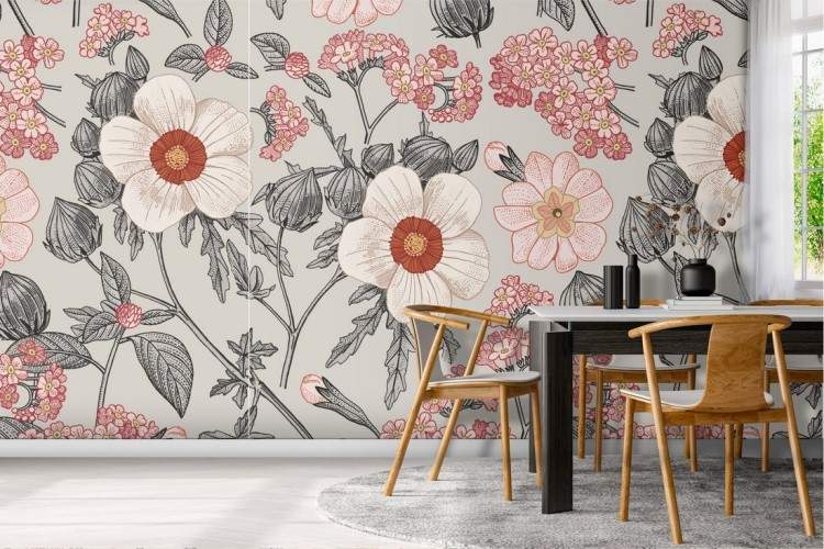 Vintage nature floral pattern wallpaper in pink.