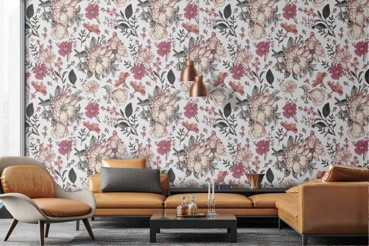 Refined vintage nature wallpaper with white flowers.