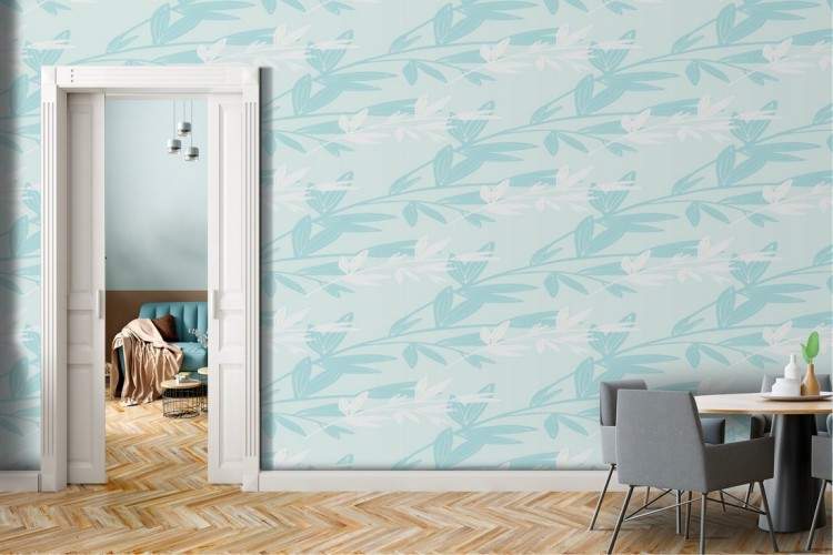 Vintage blue wallpaper with stylized leaves and flowers.