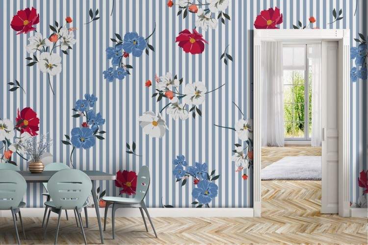 Refined vintage nature flower wallpaper with black stripes.