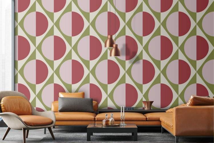 Vintage geometric wallpaper with red circles.