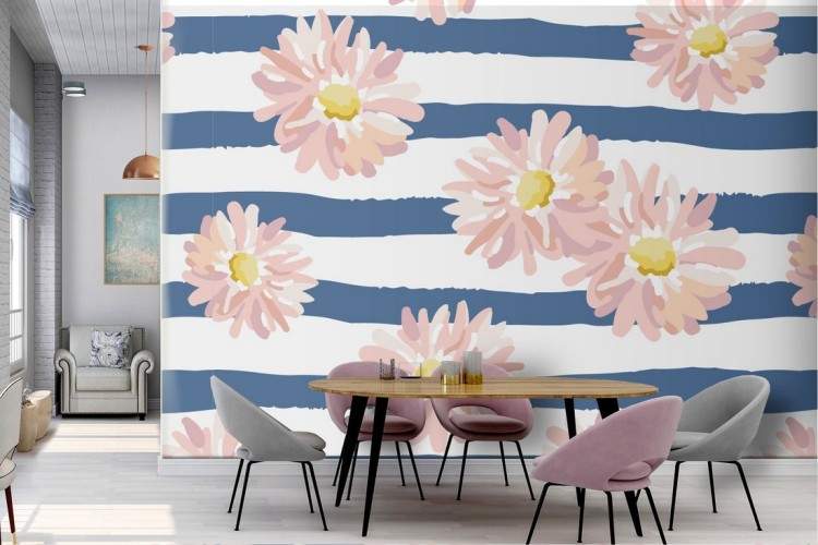 White flowers and blue stripes modern pattern wallpaper.