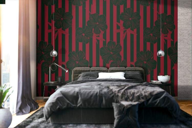 Wallpaper fiori neri e righe rosse natura moderna.
