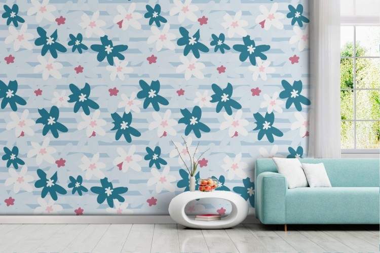 Wallpaper stylized flowers white and blue nature pattern.