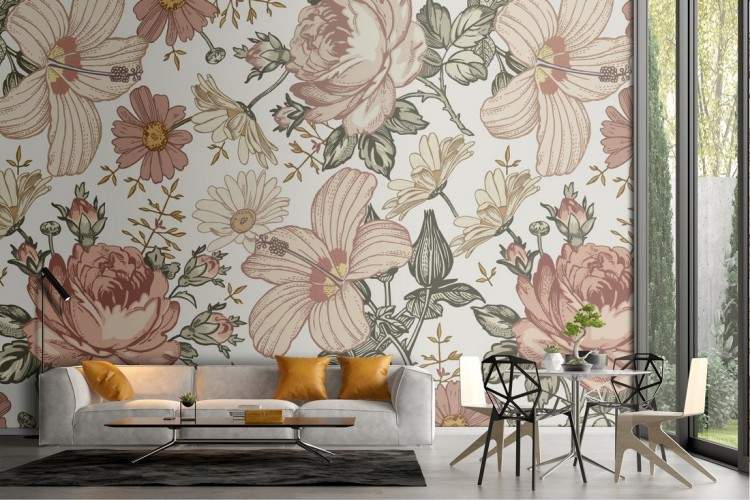 Vintage flower pattern antique pink wallpaper.