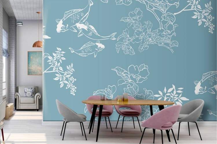 Oriental nature stylized wallpaper with flowers and carp