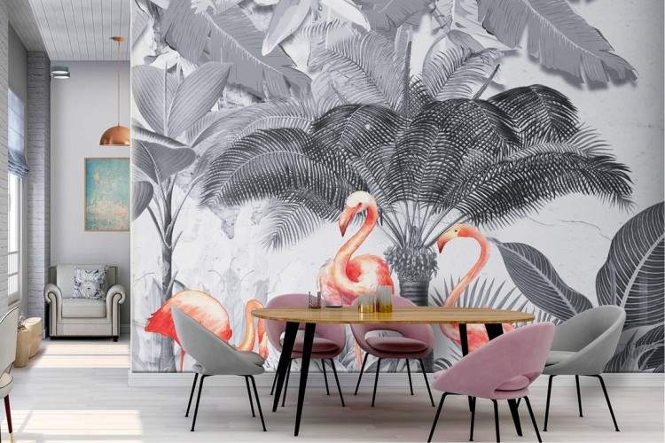 Tropical nature wallpaper with flamingos vintage landscape