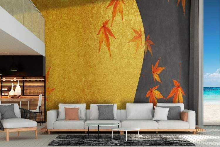 Oriental style wallpaper with leaves on a concrete surface