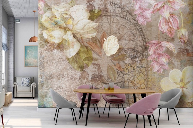 Vintage flower decoration wallpaper on concrete