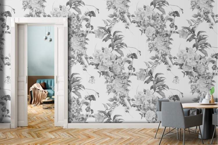 Grey floral nature vintage pattern wallpaper.