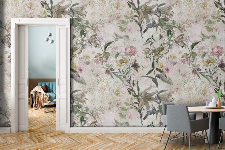 Pink flowers and vintage nature leaves wallpaper.