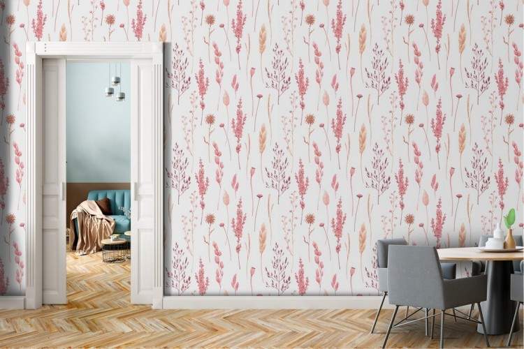 Wallpaper with stylized leaves, vintage nature pattern in pink.