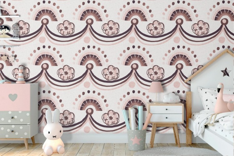 Flowers and pink rainbows wallpaper for children's room.